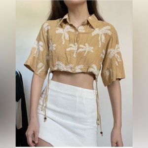 Zara Cropped Linen Blend Mustard Shirt With Embroidered Palm Trees  Size US M